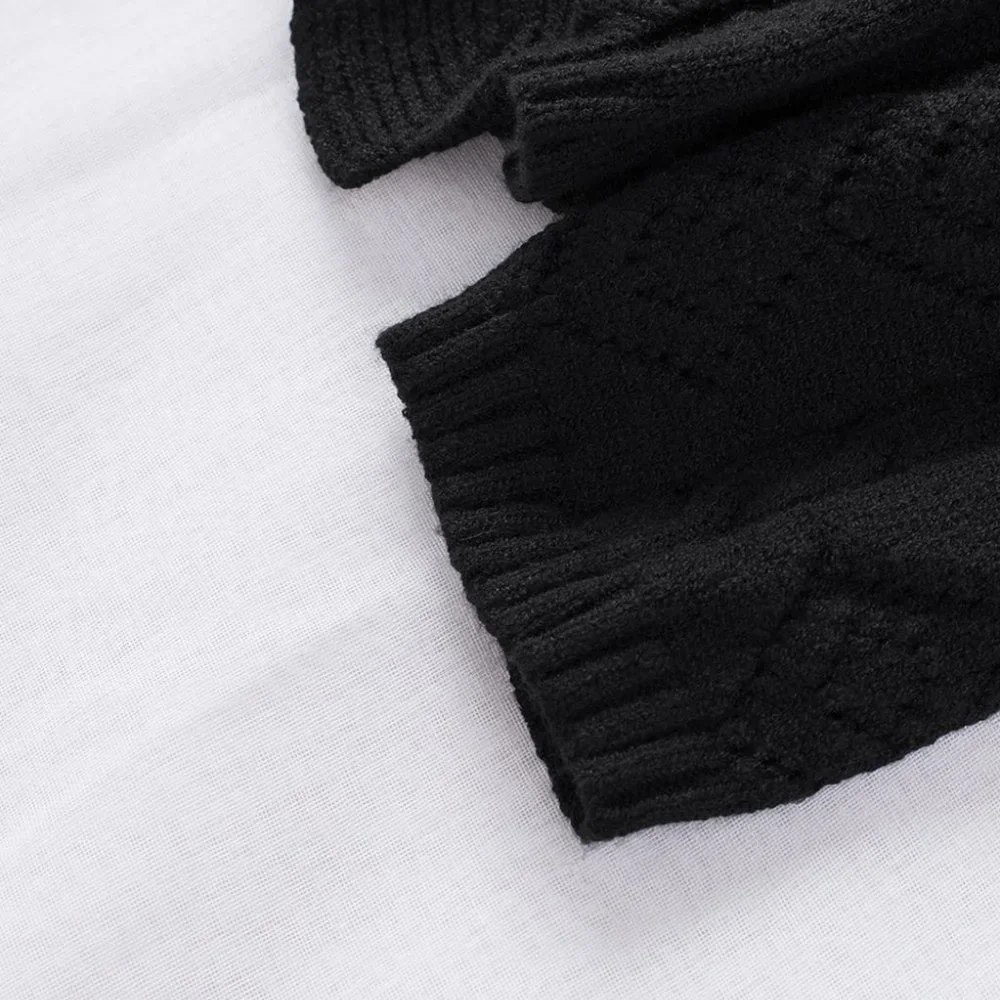 Black Ruffled Buttoned Open Front Knitted Sweater - Picture 12 of 16